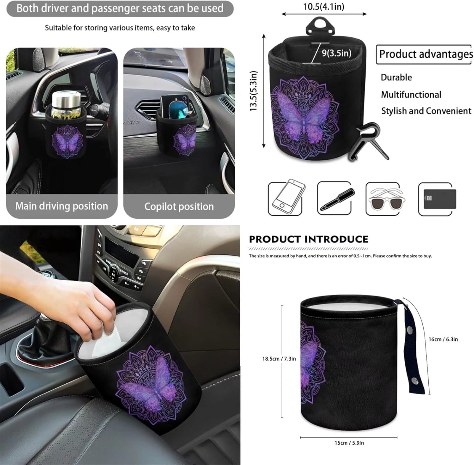 Yuyamidu 12 PCS Car Accessories Purple Butterfly Front Car Seat Covers Set Boho Steering Wheel Seat Belt Covers Armrest Pad Trash Bin Sunglass Pocket Rear View Mirror Cover Cup Coasters Key Chain