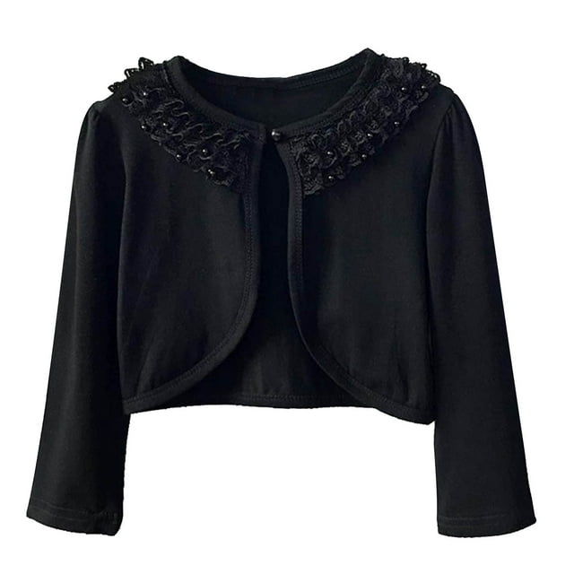 MeetoTime Boléro Léger pour Filles à Manches Longues, Cardigan en Coton pour Enfants, Couvre-Robe Bordé de Dentelle