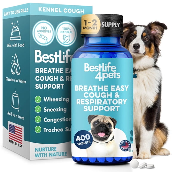 BestLife4Pets Breathe Easy - Kennel Cough & Respiratory Support Supplement for Dogs - Dog Nasal Congestion Relief - 400 Pills