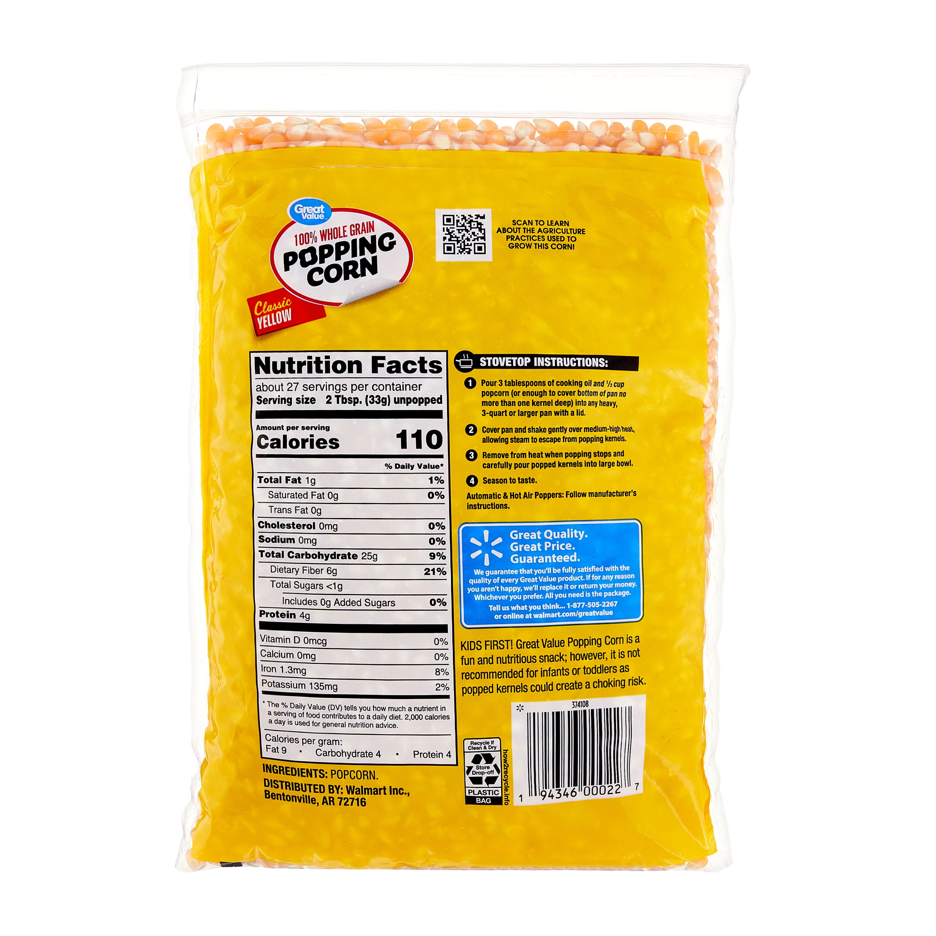 Great Value Yellow Popping Corn, 32 oz