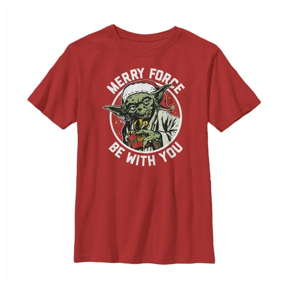 Boy's Star Wars Christmas Yoda May the Force Graphic Tee Red X Large