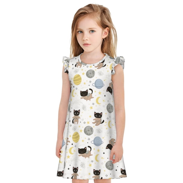 Fotbe Cute Cat Vestido de Dormir para Niñas de 3 a 10 Años, Mangas Cortas, Estilo Princesa, Pijama Camisón con Mangas Voladas-Small
