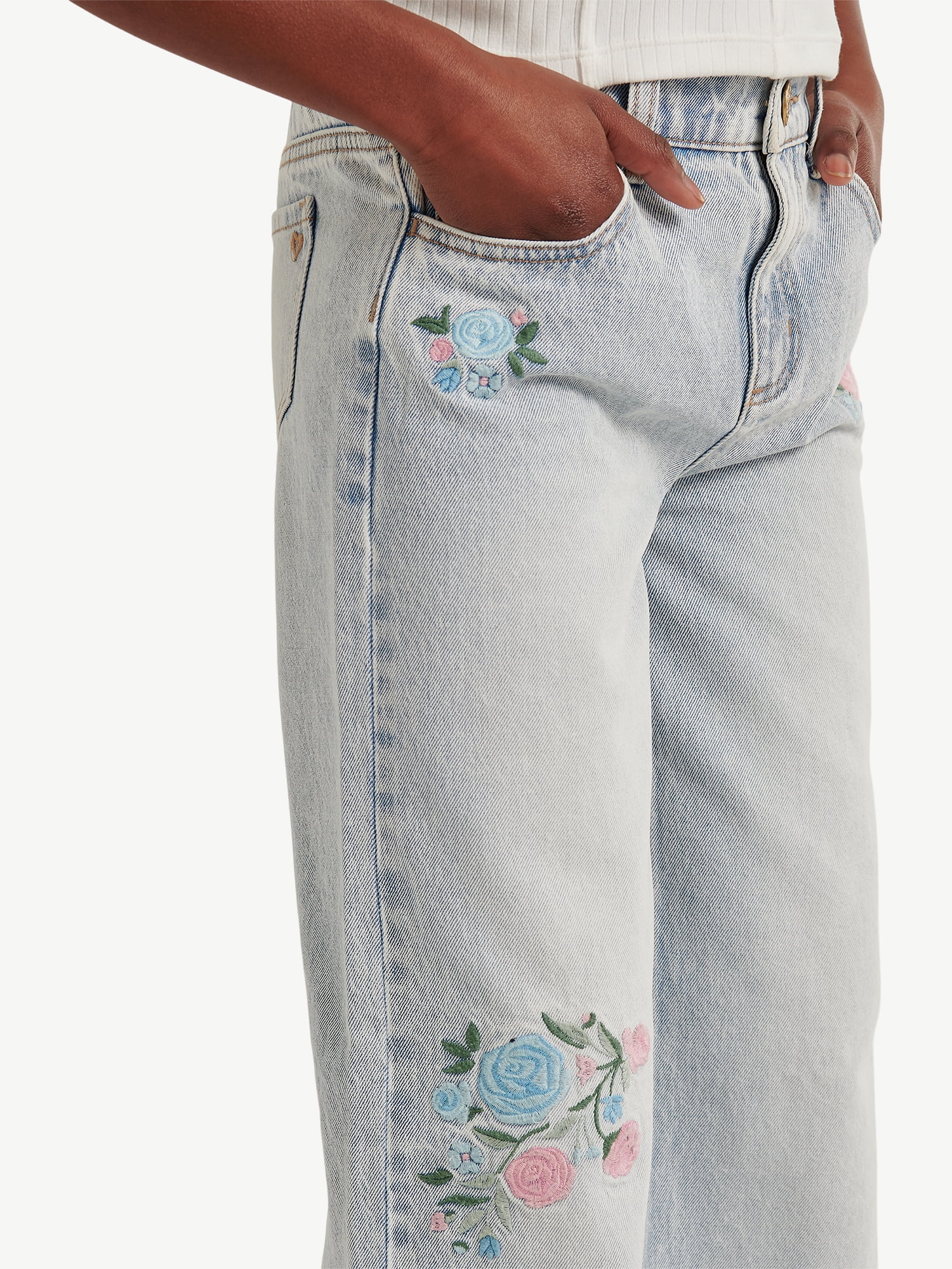 Justice Girls Wide Leg with Embroidery Jeans, Sizes 6-18, Slim & Plus