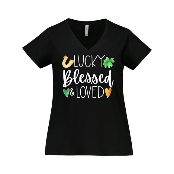 Inktastic Lucky Blessed and Loved Horseshoe Clover Hearts Women's Plus Size V-Neck T-Shirt