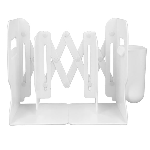 Suodoka Adjustable Foldable Bookend with Anti‑Slip Base, Pen Holder, Space‑Saving Design – Durable PP, White