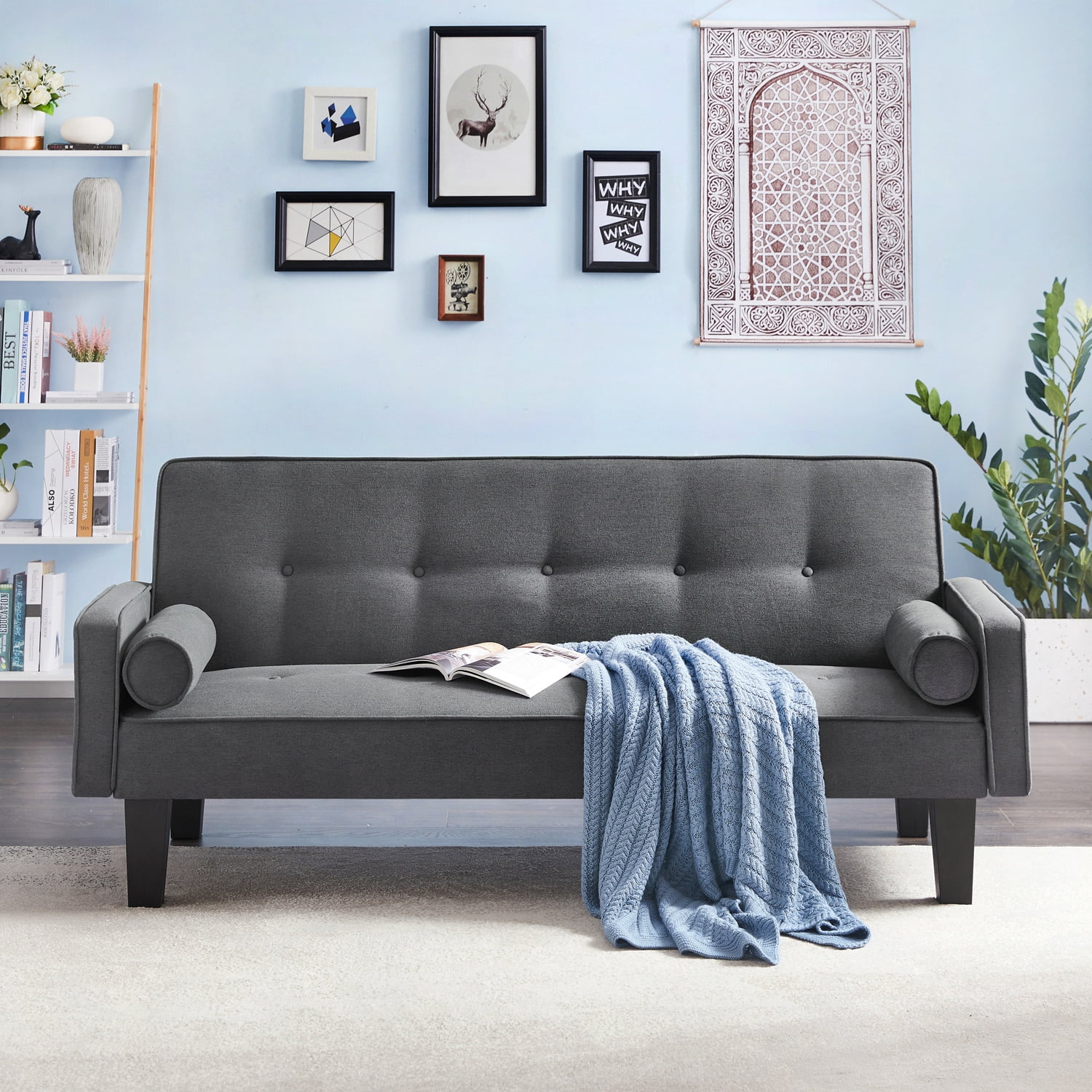 Bianlte Convertible Futon Sofa Bed,Upholstered Futon Couch Fabric Sleeper Sofa with Pillows for Living Room,Gray