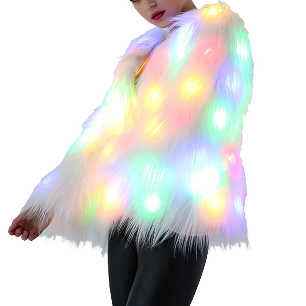 Women Christmas Led Faux Fur Coat Stage Costumes Nightclub Outwear Dancer Jackets Size L White 6499