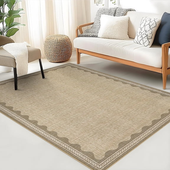 Washable Scalloped Edge Area Rug – Linen-Look Low-Pile Minimalist Carpet for Living Room Bedroom Kitchen Entryway
