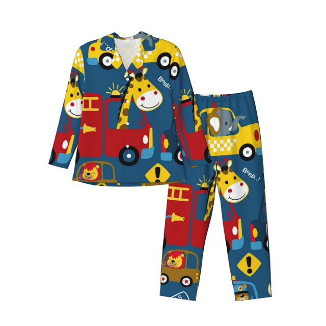 Balery Vehicles Cartoon with Funny Drivers Pijama para Hombre de Dos Piezas con Manga Larga, Conjunto de Dormir y Descanso Suave con Bolsillos-XX-Large