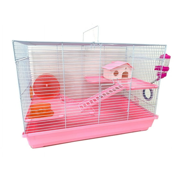 Large PINK Large 3-Tiers Hamster Habitat House Critters Home Expandable and Customizable Cage Gerbil Mouse Mice Complete Set of Accessories Crossover Tube Tunnel