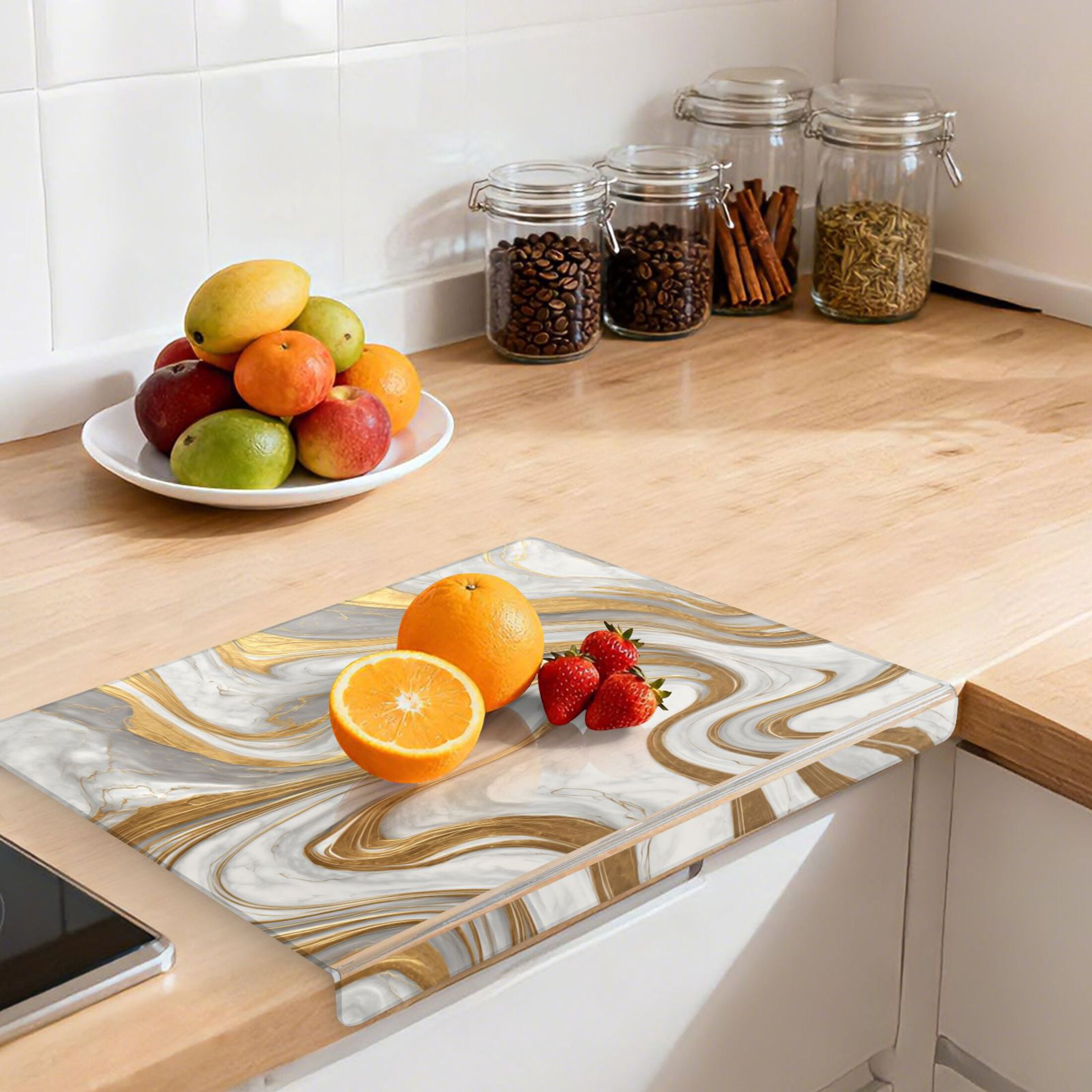 13.4" x 16.5" Food-Grade Acrylic Cutting Board Non-Slip Kitchen Chopping Board Gold and White Marble