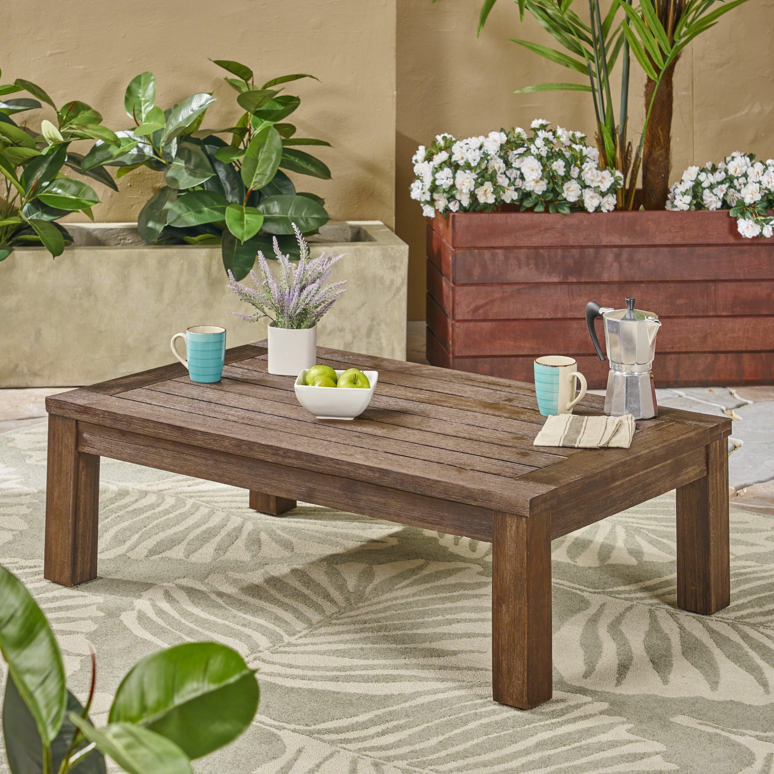Avalynn Outdoor Acacia Wood Coffee Table, Brushed Brown