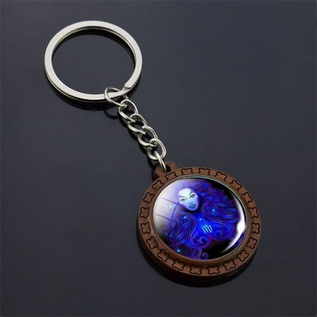 Wooden Carved Keychain Constellation Zodiac Sign Key Ring With Time Gem Pendant And Unique Glass Accents For Purse