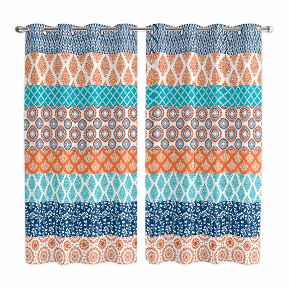 Teal Orange Striped Kitchen Curtains 84 Inch Length, Boho Modern Geometric Abstract Art Grommet Top Bedroom Living Room Curtains, Light Filtering Cafe Curtain Drapes 2 Panels Set 104''x84''