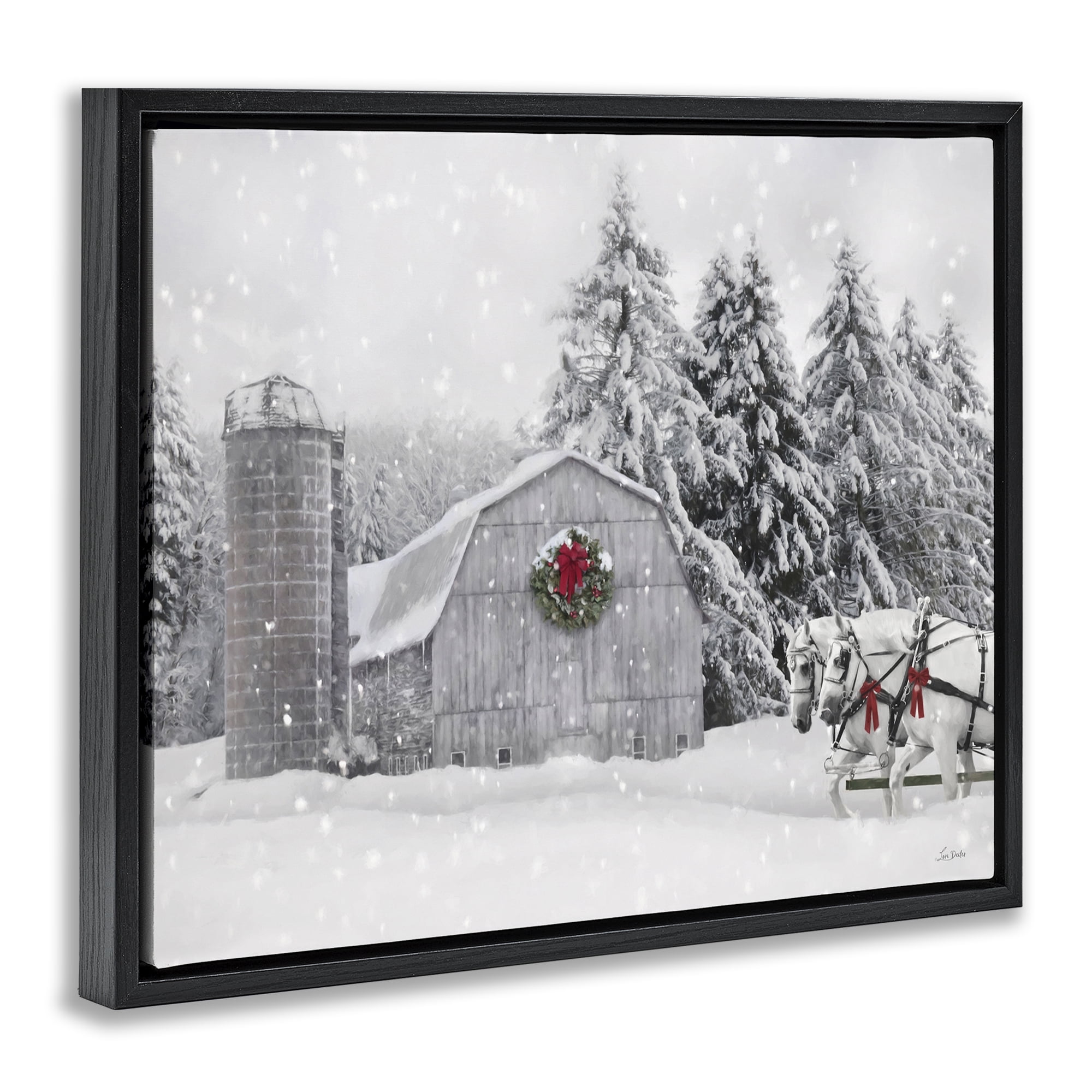 Stupell Industries Snowy Barn & Horses Holiday Painting Black Floater Framed Canvas Art Prints Wall Art, 31 x 25