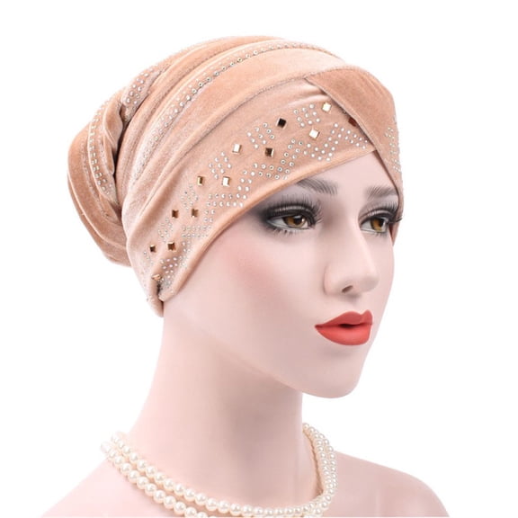 Women Soft Velvet Rhinestones Turban Hat Slouchy Baggy Beanie Hat Head Wrap Caps
