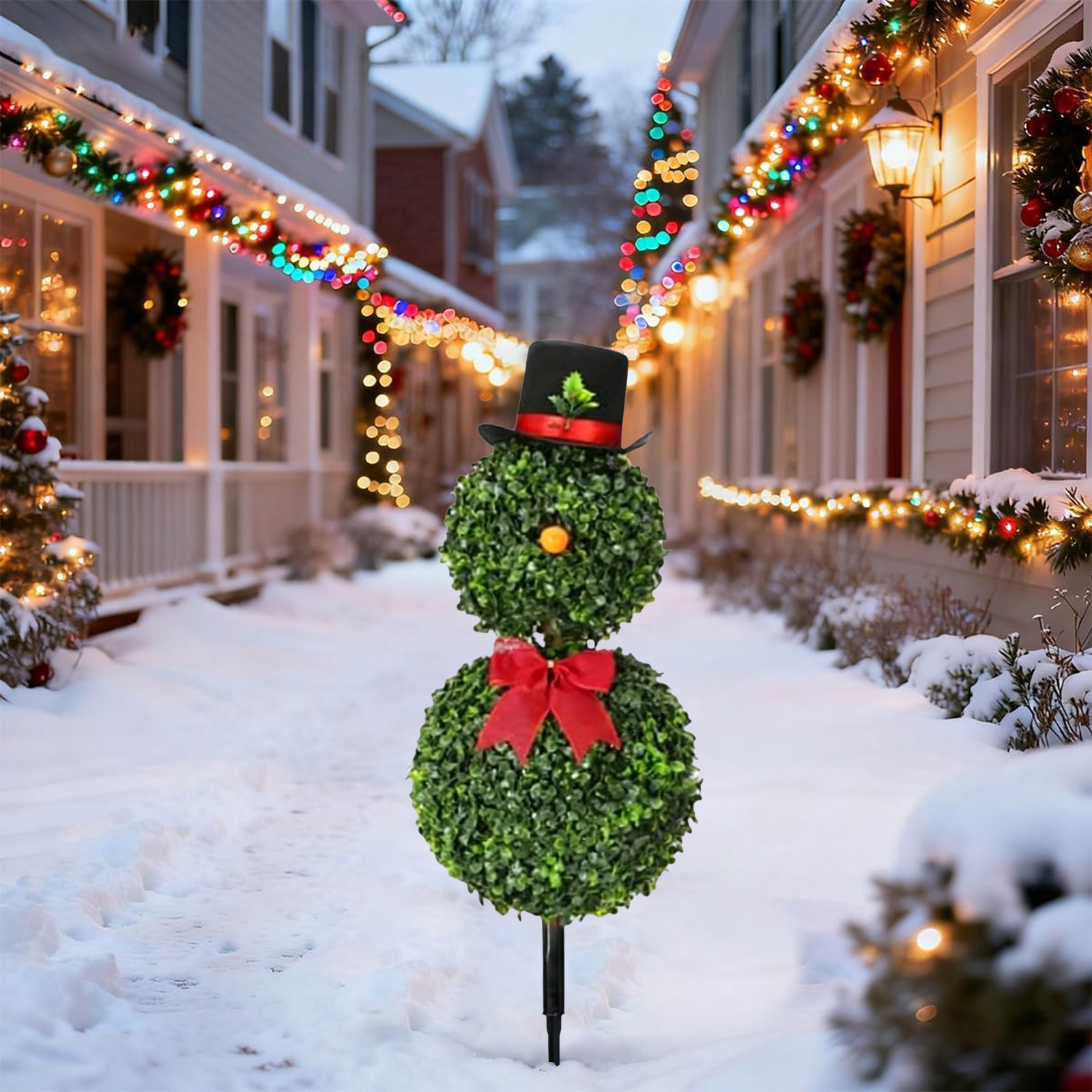 CY5O5ee Christmas Snowman Topiary Trees 31.5'' Boxwood Topiaries with Red Bow Tie Santa Hat 3D Yard Signs with Stakes for Christmas Indoor Outdoor Home Garden Porch Decor