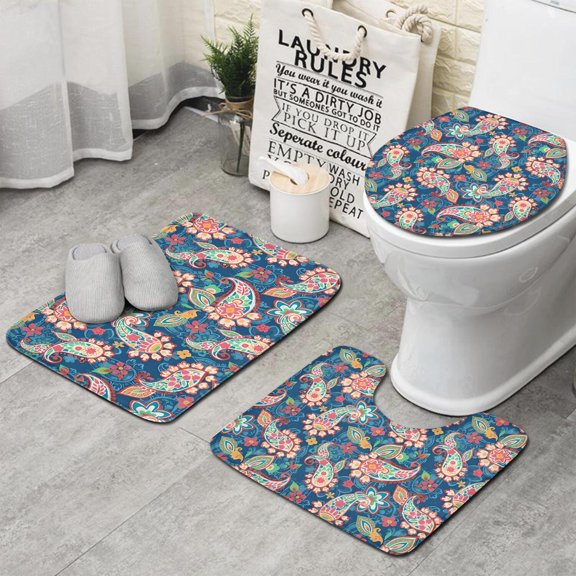 Blue Paisley and Floral Pattern Bathroom Rugs Sets 3 Piece,Toilet Cover Set,Absorbent Non Slip Bathroom Mats Sets with U-Shaped Contour Rug Toilet Rug Set