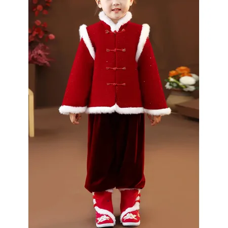 

GEDER-F2Chinese Style Tang Suit Hanfu Girls New Year‘s Day New Year‘s Eve Clothes Chinese New Year Festive Clothes Winter New Year Baby Clothes Red Thickened And Fleece Warm
