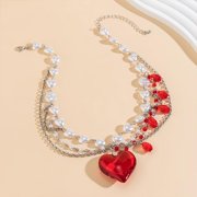 Multi-layered Heart Crystal Choker Necklaces for Women,Punk Pearls Beaded Chain Love Pendant Necklace Party Y2k Snake Bone Necklace Accessories