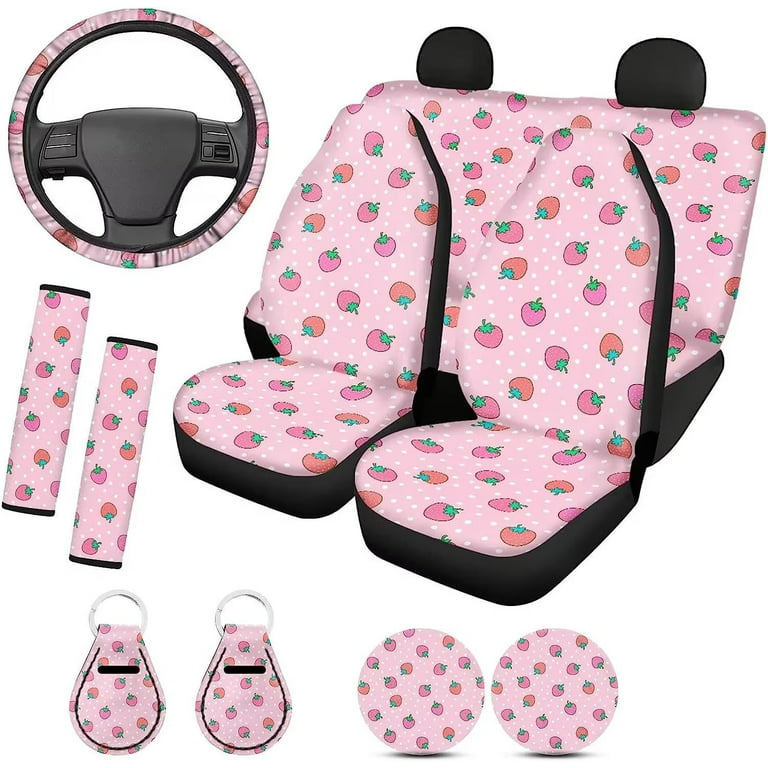 Pzuqiu Strawberry Seat Covers for Cars Pink Car Accessories for Women Cute  Interior Set Polka Dots Steering Wheel Cover,Seat Belt Pads,Cup