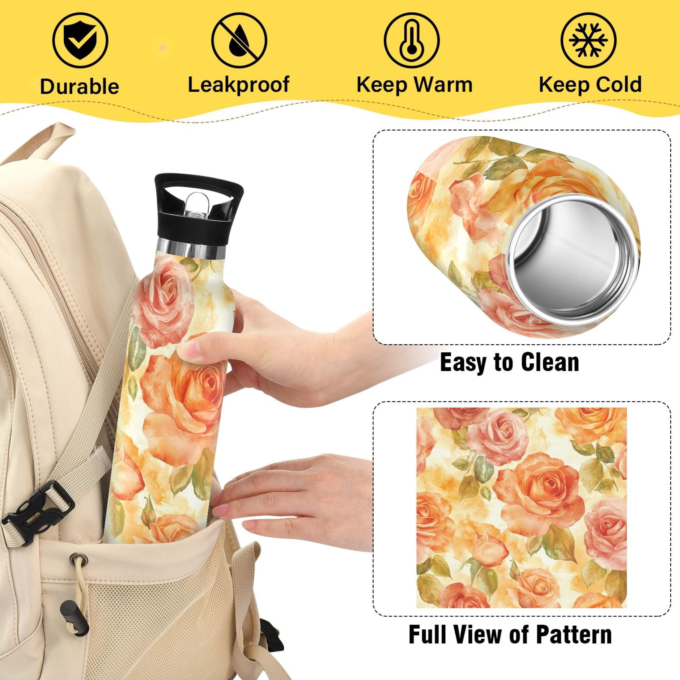 600ML Stainless Steel Insulated Cup Sports Water Bottle Portable Thermos Cup Water Glasses Insulated Tumblers Convenient and Durable Cartoon Orange Roses Seamless