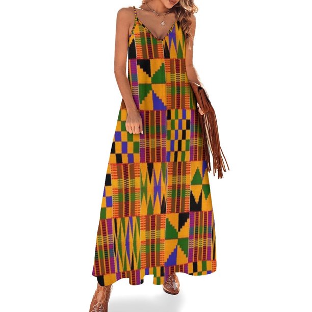 Patrones de Kente Adorno Vestido sin mangas Vestidos de manga larga Vestido para niñas Vestido de ropa estética