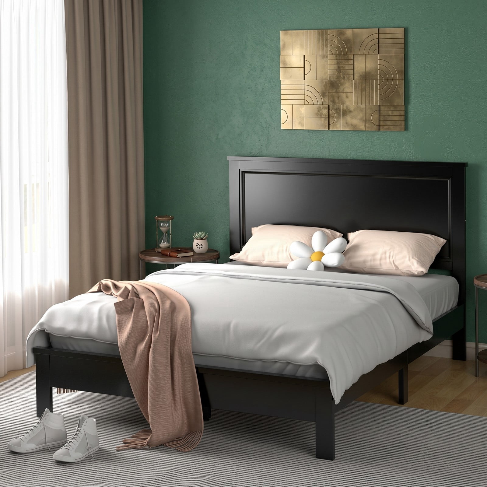Furnibear Queen Size Bed Frame, Wood Platform Bed Frame with High Slatted Headboard and Rubber Wood Legs, Queen Bed Frame No Box Spring, Espresso