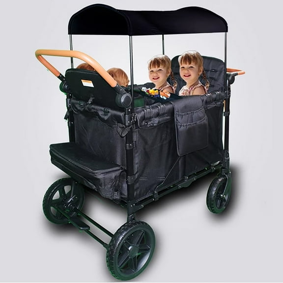 Stroller Wagon (4 Seater) - Foldable Double Push Bar Wagon Stroller with Canopy, Organizer bag, 5-Point Harnesses, Black