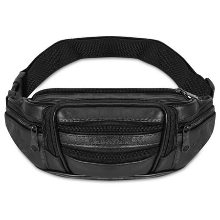 Fanny Pack Waist Bum Belt Bag Real Leather 7 Zippered Pockets Adjustable Strap Men Women for Traveling Hiking Cycling Workout Daily Use