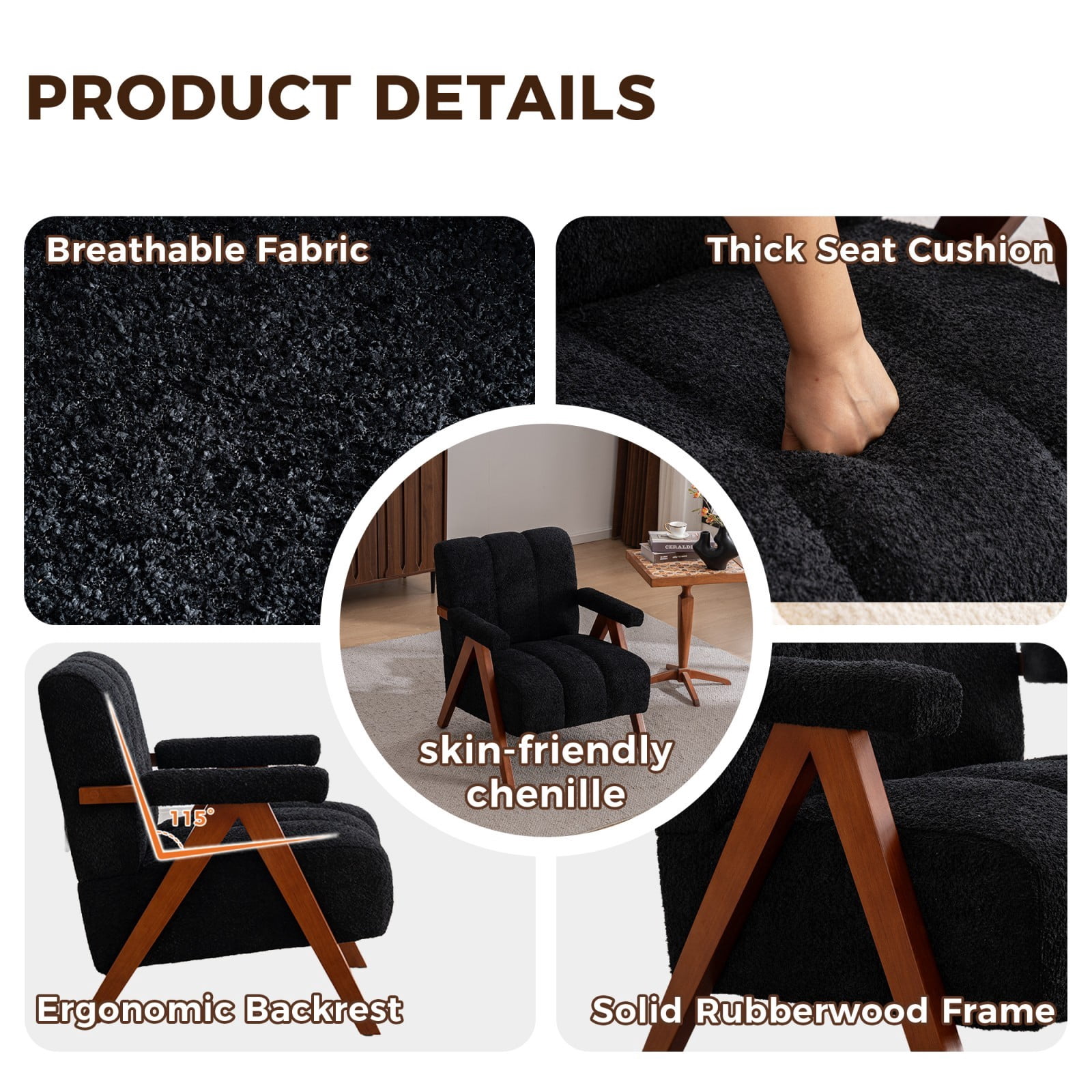 Mid-Century Modern Accent Chair Cloud-Shaped Chenille Lounge Armchair with Solid Oak Wood Frame, Upholstered Reading Chair for Living Room Bedroom Balcony, Black