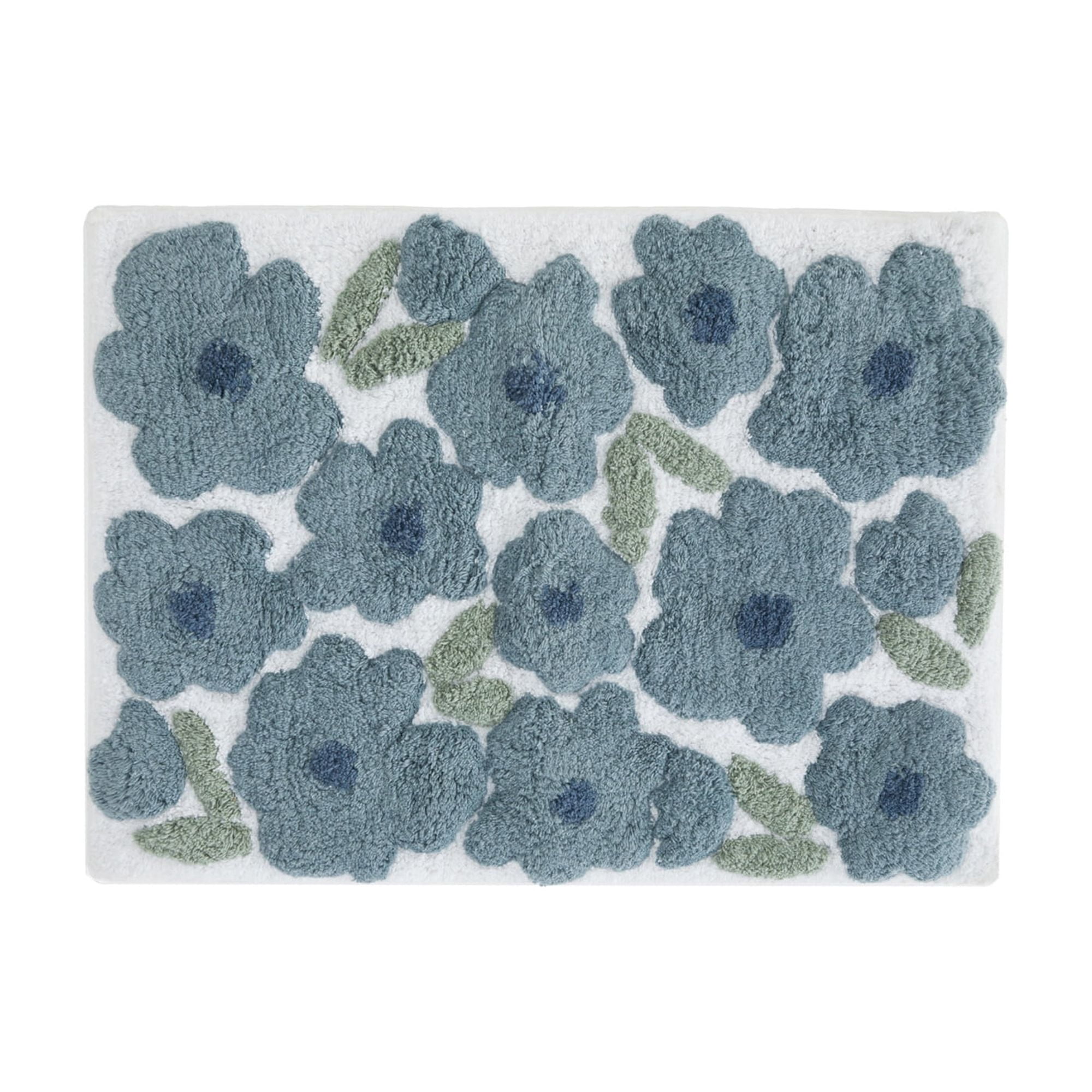 Noble Linens Floral Pattern Cotton Bath Mat, 24 in x 17 in, Blossoms Light Blue