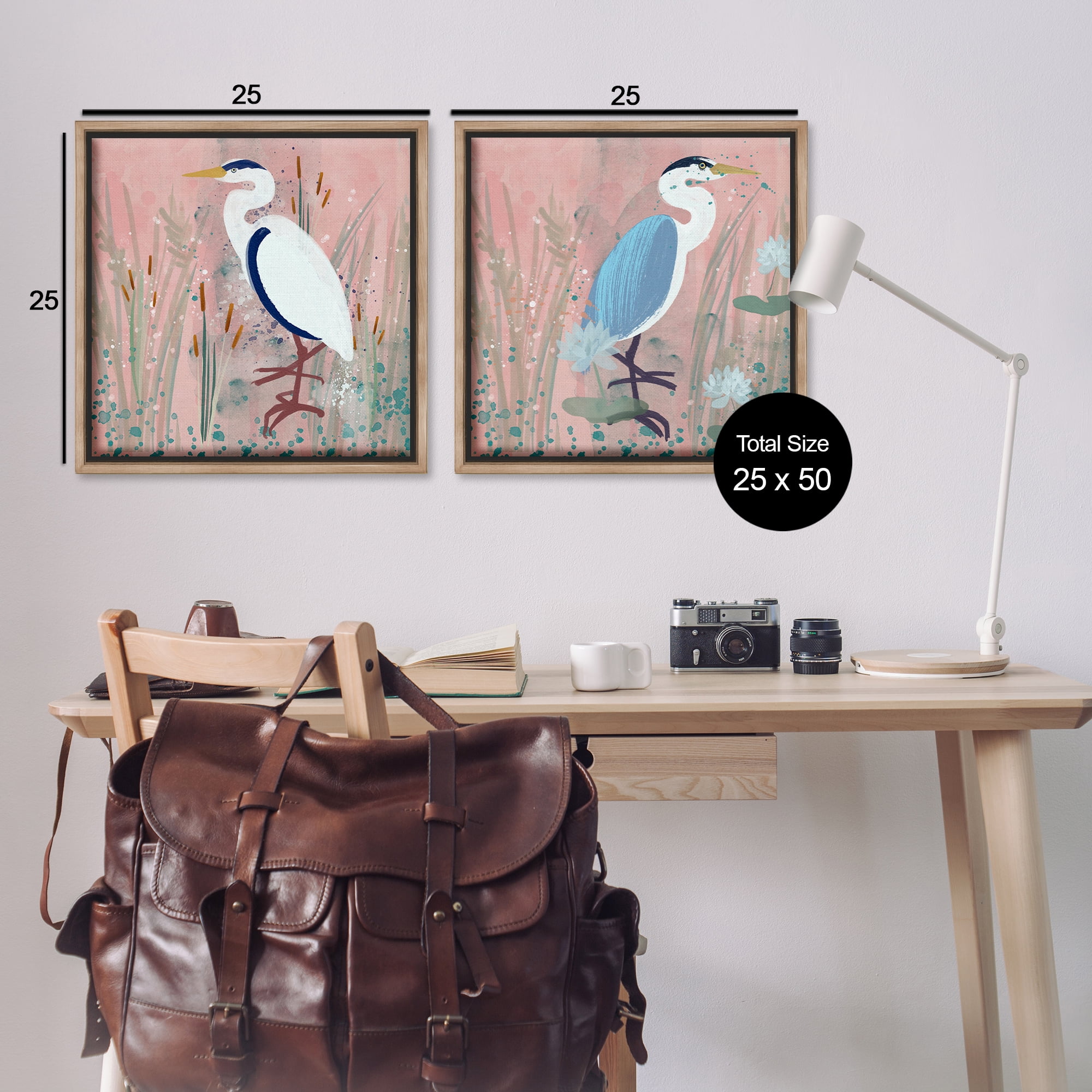 Stupell Industries Blue Heron Egret Cattail Marsh Animals Painting Brown Floater Framed Canvas Art Print Wall Art, 25 x 25, Set of 2