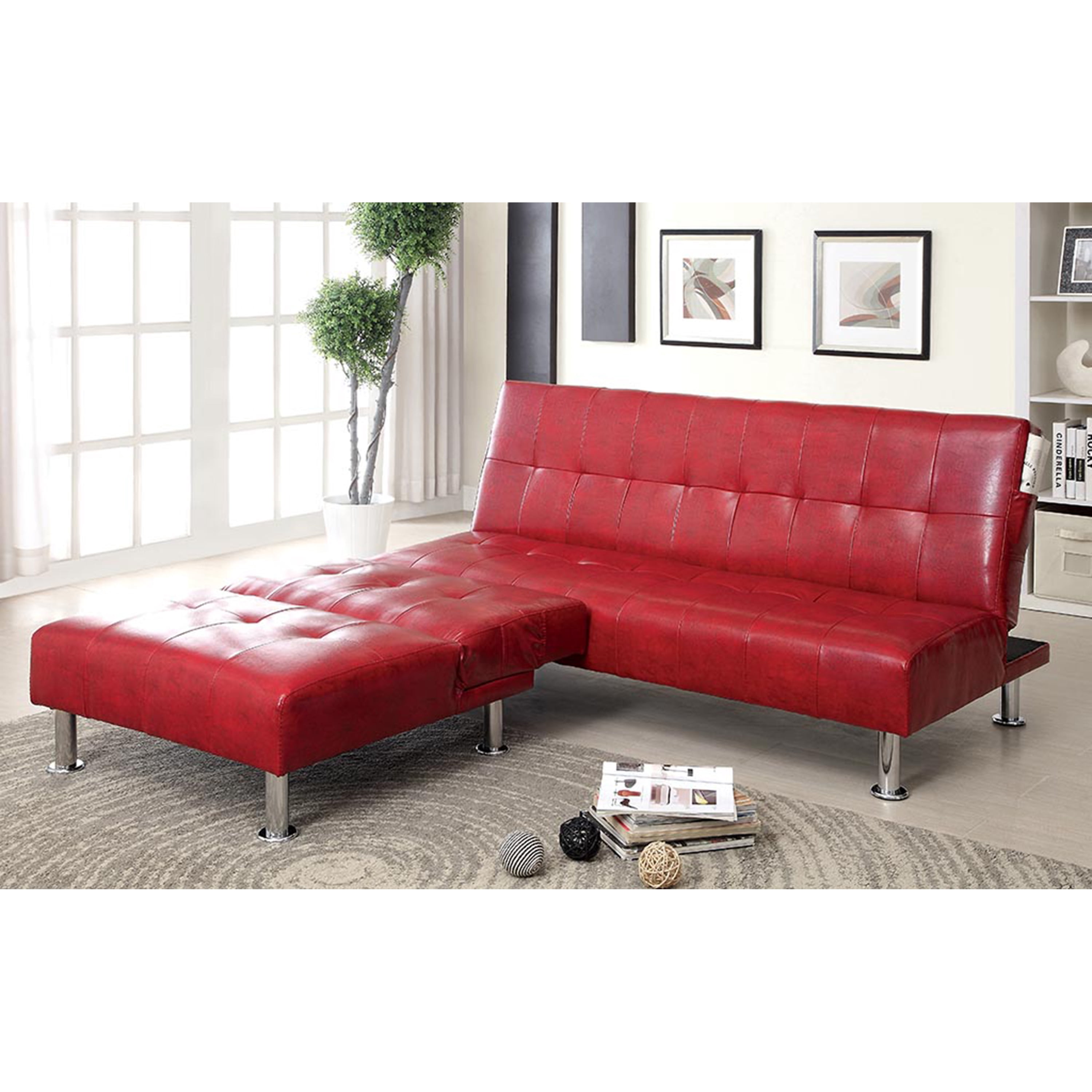 Bastina Faux Leather Tufted Convertible Futon Sofa, Red