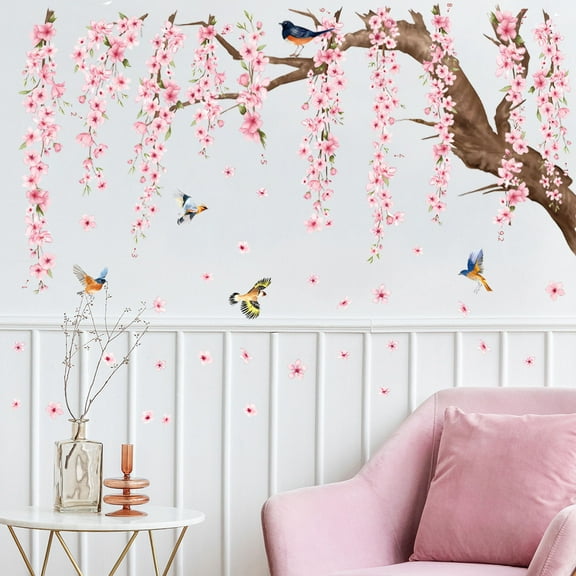 Pink Flowers Wall Decals Tree Branches Birds Stickers 27.5x39.3inch Living Room Bedroom Wall Art Mural Decor