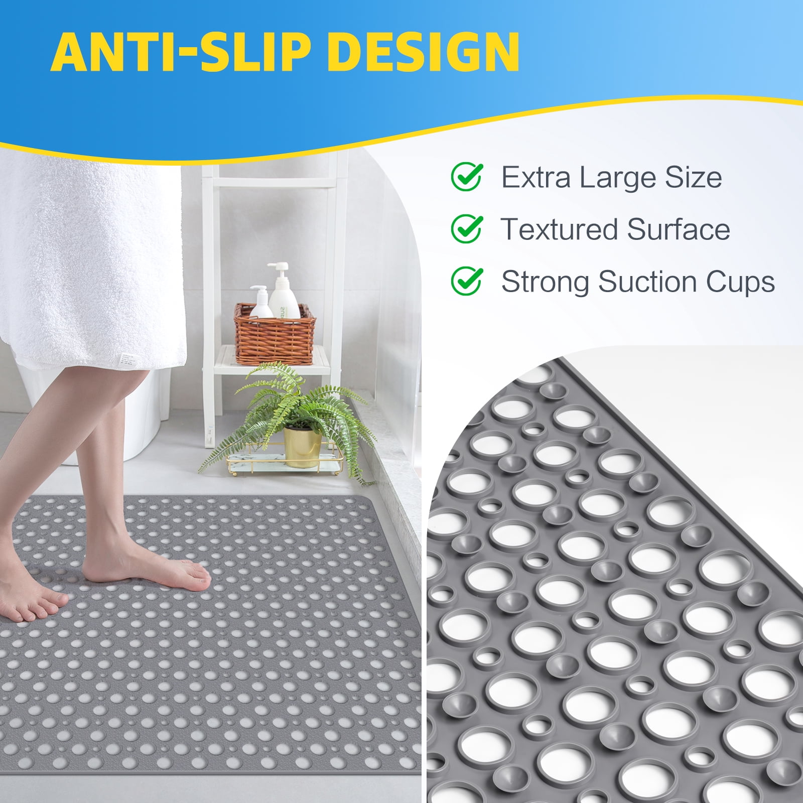OTHWAY Large Shower Mat, 35x24 TPE Anti Slip Shower Mat, Heavy Bath Mats for Shower with Drain Holes Suction Cups, Shower Stall Mat for Bathroom, No Odor Shower Grip Mat for Elderly Kids(Dark Grey)