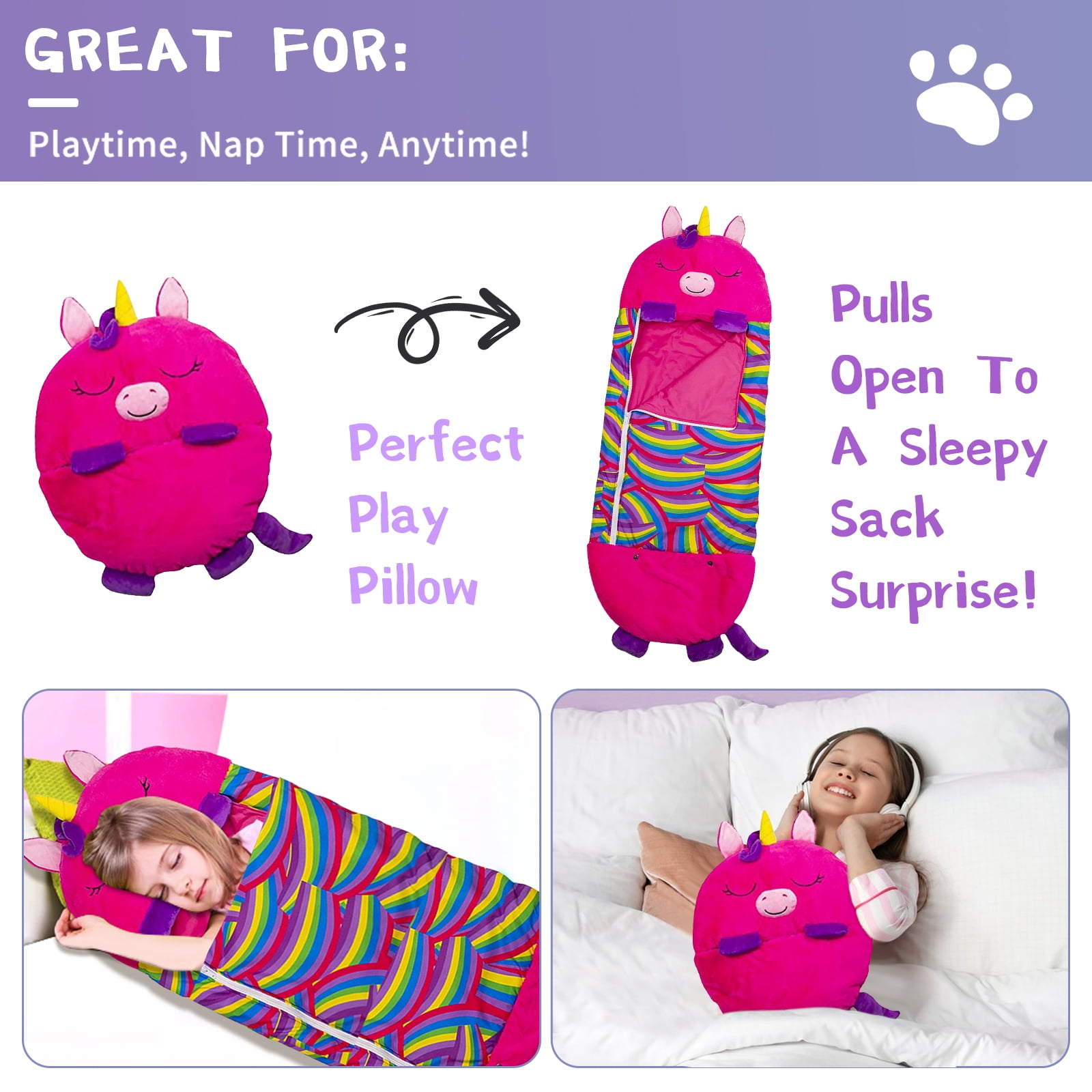 KKL Kids 2-in-1 Foldable Unicorn Sleeping Bag, Pink
