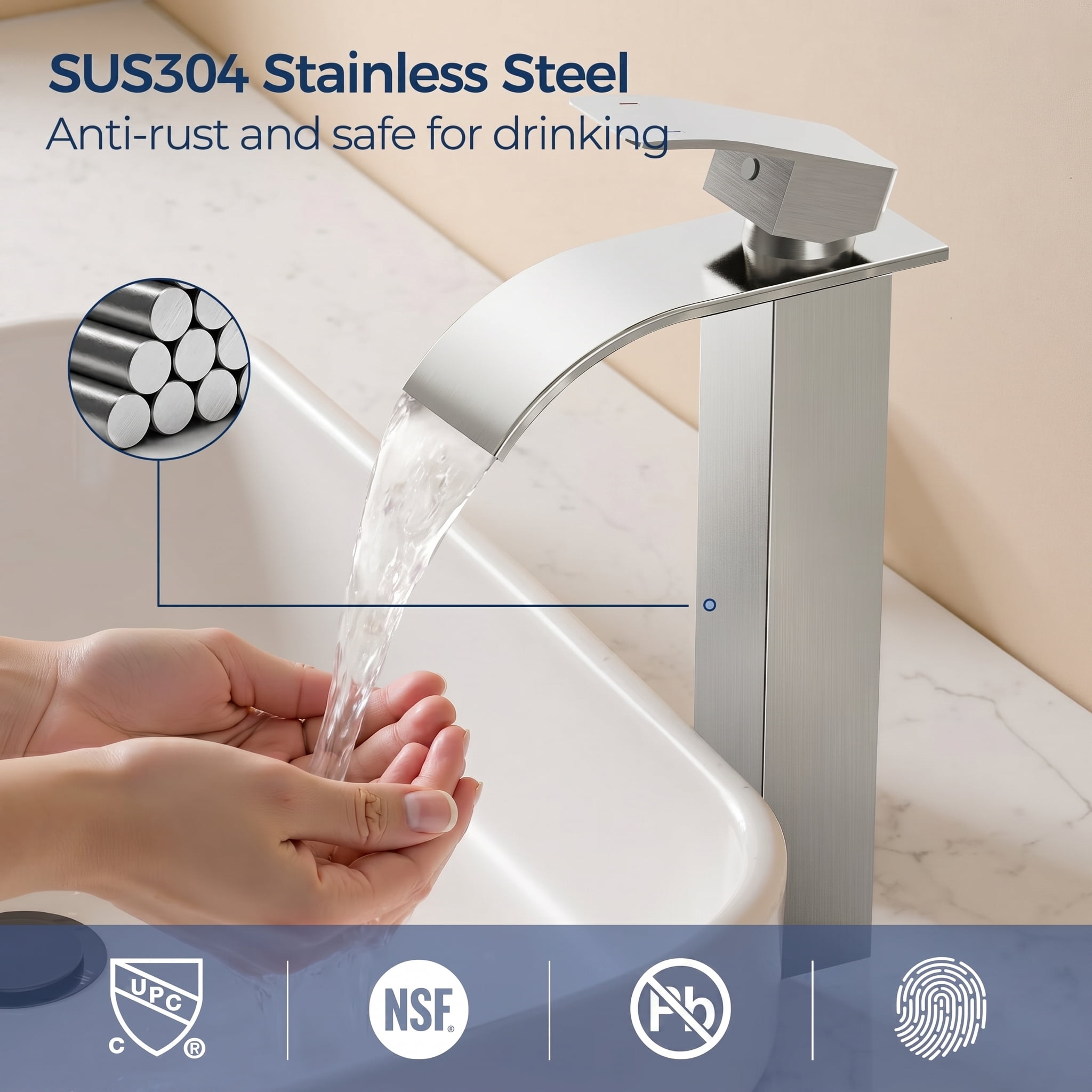 TVOFEK Vessel Sink Faucet Brushed Nickel, Tall Waterfall Bathroom Faucet One Hole with Pop Up Drain and cUPC Hoses for Countertop Sink Basin