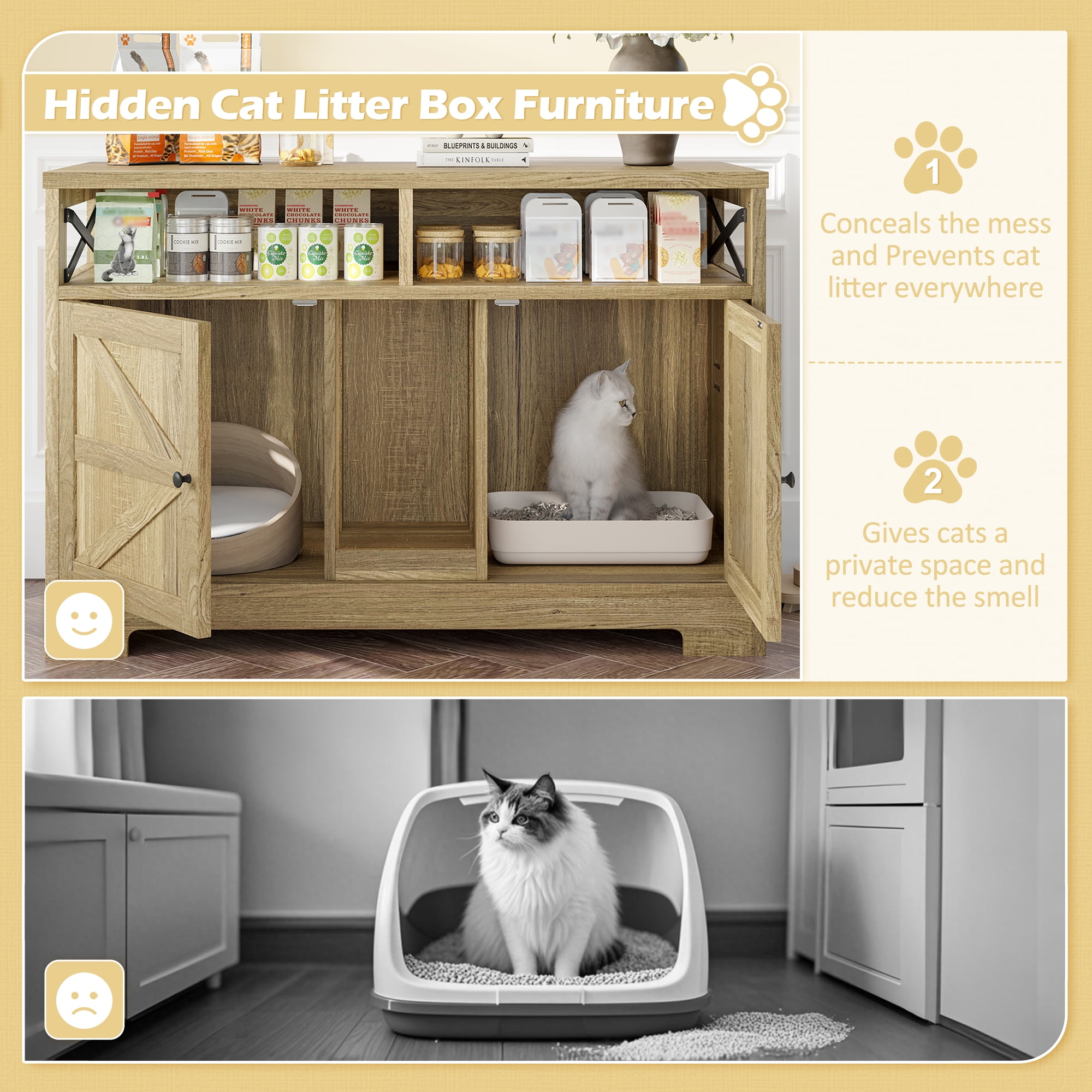 Euroco Multifunctional Hidden Cat Litter Box Enclosure with Double Doors, Adjustable Divider, Ventilation, and Storage Shelves