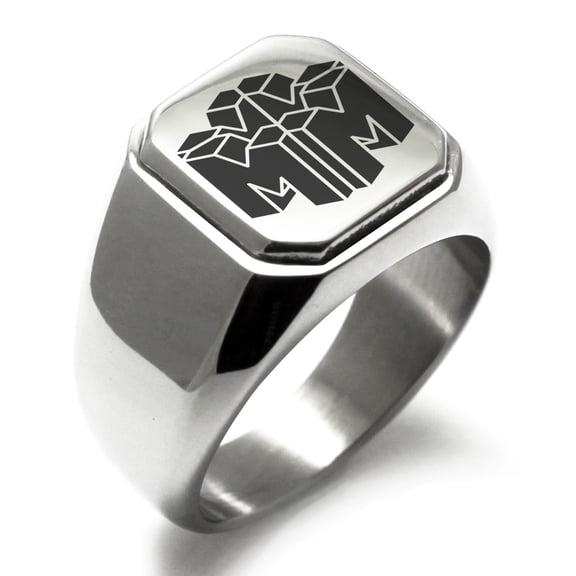 Stainless Steel Letter M Initial 3D Cube Box Monogram Engraved Engraved Square Flat Top Biker Style Polished Signet Ring