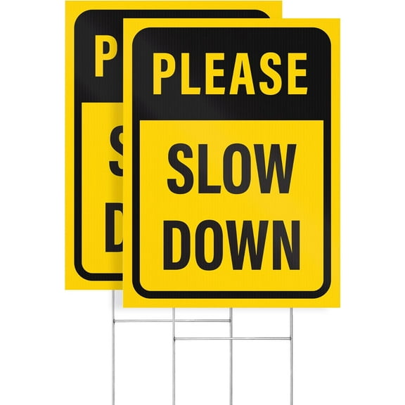 Please Slow Down Yard Signs with H-Frame Stakes, 12" x 16" Corrugated Plastic Please Slow Down Signs for Yard (Pack of 2)