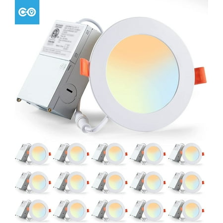 

16 Pack Led Recessed 4 Inch 5CCT Ultra Thin Recessed Light with Junction Box 2700k-5000k Selectable Dimmable Canless Slim Led Recessed Light Fixtures 9W Eqv 75W 750LM Downlight - ET