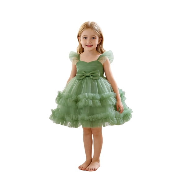 Vividxx Girl's Dresses Girls Party Dress With Bow Tiered Skirt Flutter Sleeves Formal Occasion Performance Tutu Gown 18-24 Months