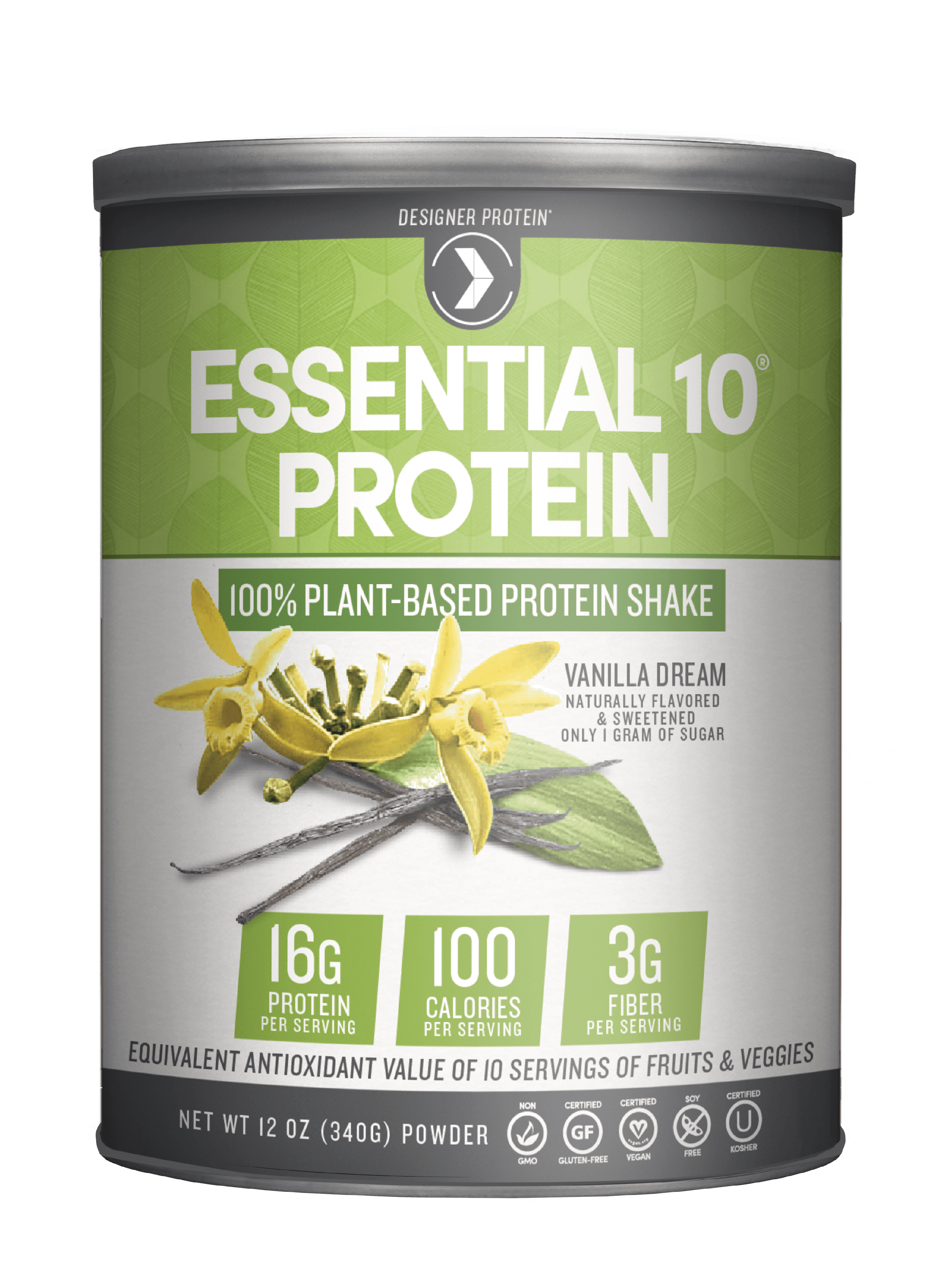 Designer Protein Essential 10 100 Plant Based Protein Powder, Vanilla, 16g Protein, 12 Oz
