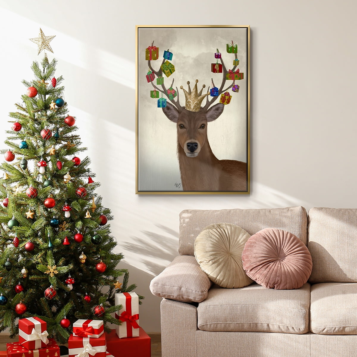 Christmas Gift Bearing Deer - Framed Gallery Wrapped Holiday Canvas - 25 x 37 - Gold Frame