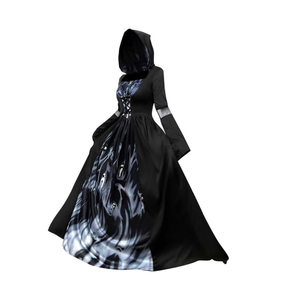 KLHDSF Women's Halloween Witch Costume Hooded Skeleton Print Dress Cosplay Stage Performance Black L
