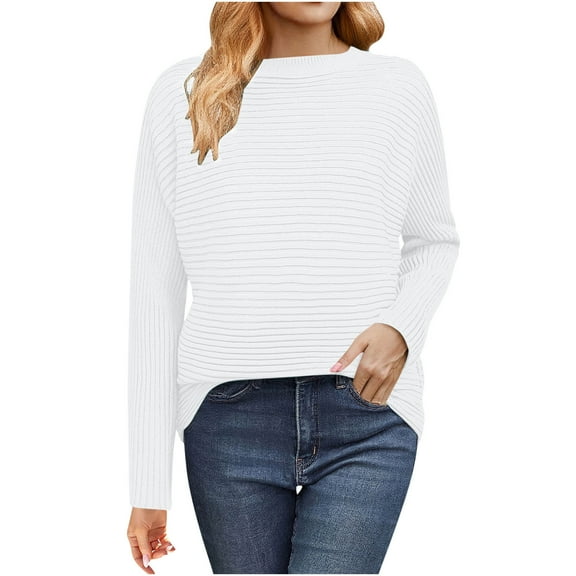 Womens Crew Neck Sweater Knitted Pullover Tops Dropped Long Sleeve Solid Color Casual Fall Winter Jumpers (XL, White)