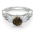 thumbnail image 2 of Gem Stone King 925 Sterling Silver Brown Smoky Quartz and White Moissanite Engagement Ring for Women (1.27 Cttw, Gemstone, Round 6MM and 3MM, Size 9), 2 of 4