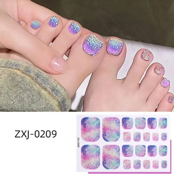 Sparkling Rainbow Glitter Toe Nail Stickers for Women, Waterproof Full Cover French Nail Art Decals for Pedicure