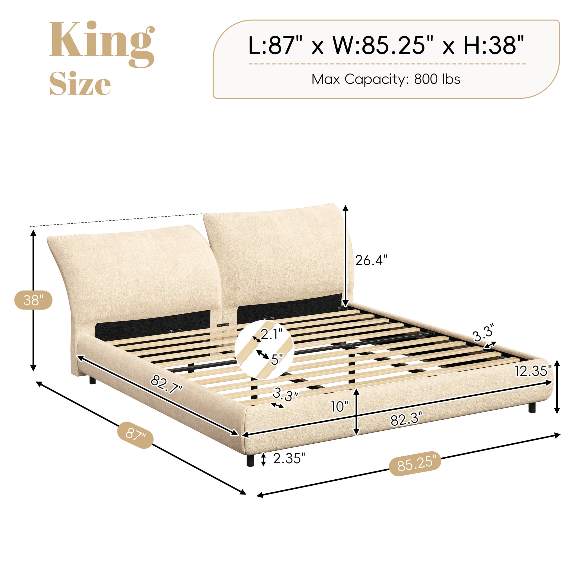 Christopher Knight Home King Upholstered Bed Frame with Adjustable Cushions, Beige